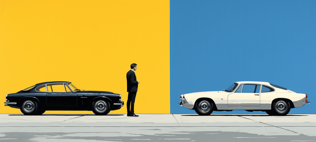 A black car and white car facing each other while a man in a suit stands in the middle looking on
