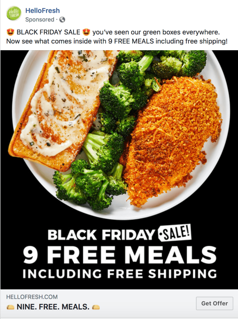 HelloFresh Black Friday sale advertisement showing a plate with fish, broccoli, and breaded chicken cutlet, offering 9 free meals including free shipping.
