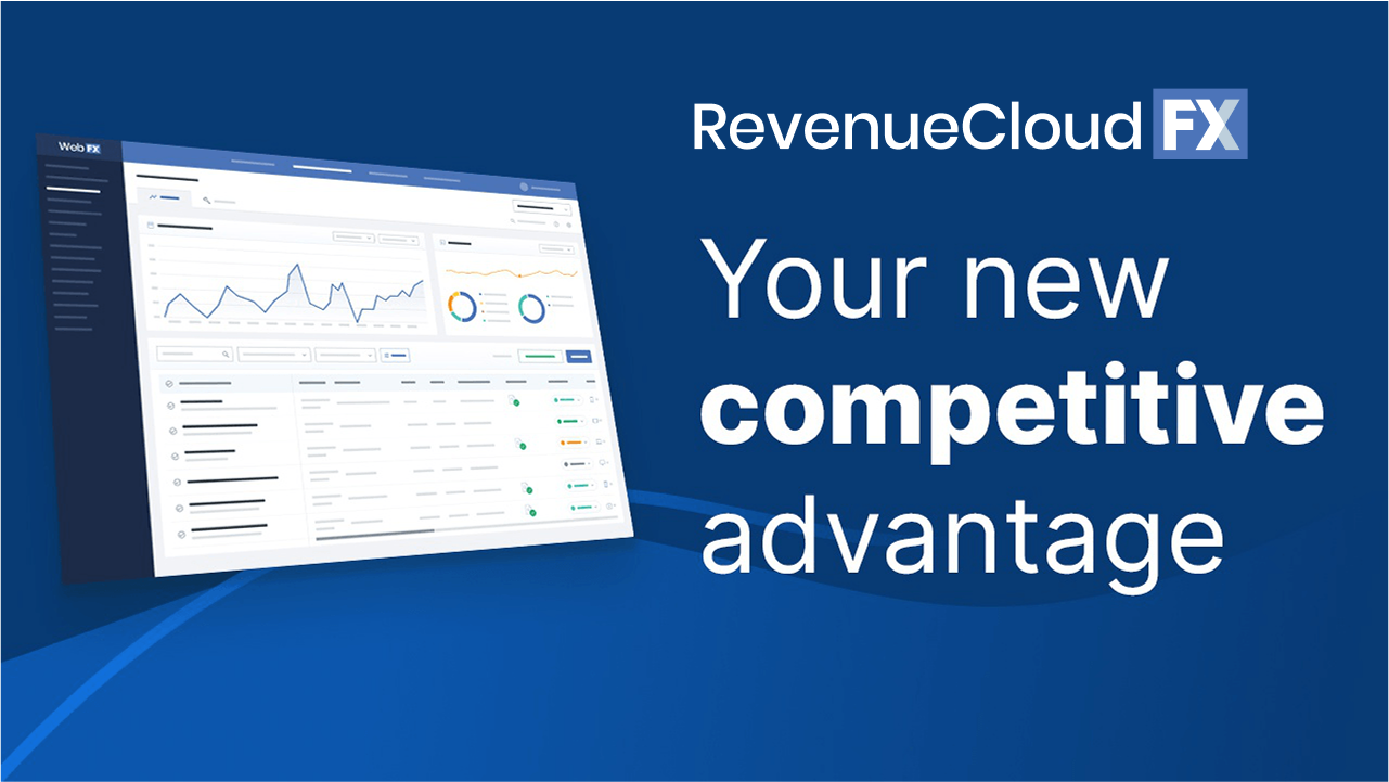 RevenueCloudFX software interface showing analytics data with the slogan 'Your new competitive advantage' on a blue background.