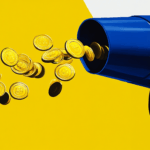 Golden coins being shot out of a blue cannon